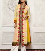 Yellow embroidered georgette stitched Long Kurti