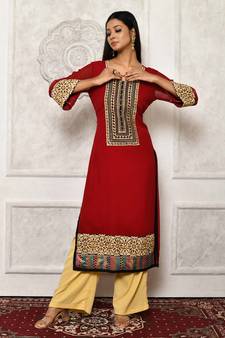 Maroon embroidered georgette stitched Long Kurti