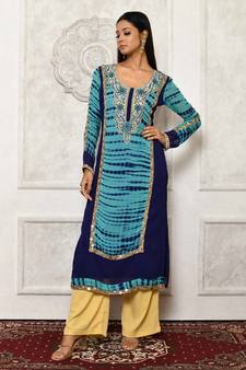 Blue embroidered georgette stitched Long Kurti