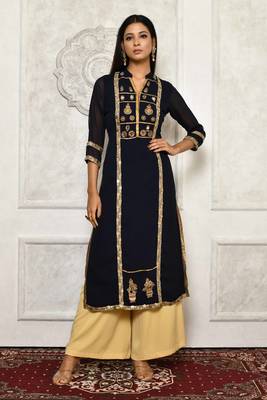Navy-blue embroidered georgette stitched  Kurti 1