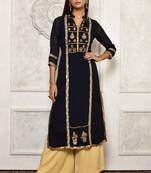 Navy-blue embroidered georgette stitched  Kurti