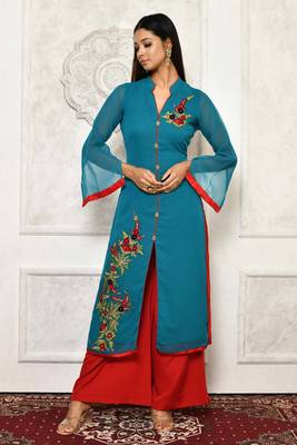 Green embroidered georgette party wear Kurti 1