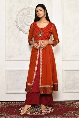 Orange embroidered georgette party wear Kurti 1