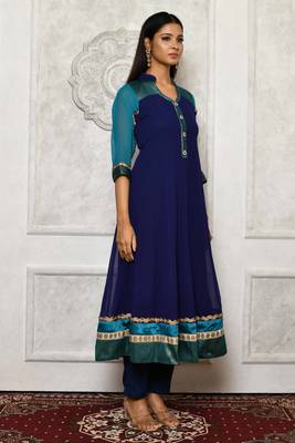 Navy-blue embroidered georgette stitched  Kurti 1