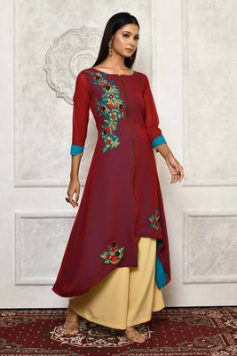 Maroon embroidered georgette stitched  Kurti 1