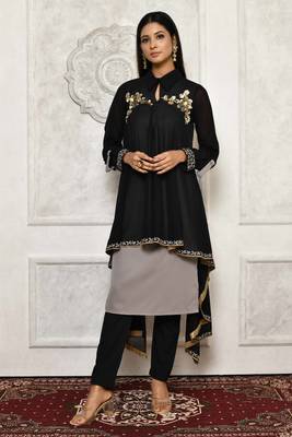 Black embroidered georgette stitched  Kurti 1