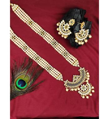 Designer Traditional Blue Long Haram Gold Plated Pearls Necklace Set For Women 1
