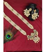 Designer Traditional Blue Long Haram Gold Plated Pearls Necklace Set For Women