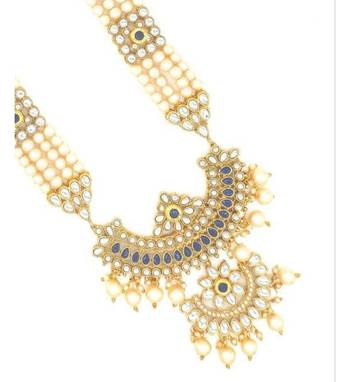 Designer Traditional Blue Long Haram Gold Plated Pearls Necklace Set For Women 3