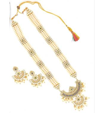 Designer Traditional Blue Long Haram Gold Plated Pearls Necklace Set For Women 4