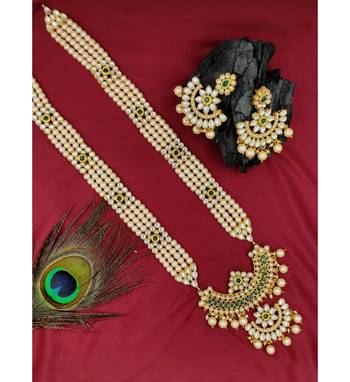 Designer Traditional Green Long Haram Gold Plated Pearls Necklace Set For Women 1