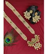 Designer Traditional Green Long Haram Gold Plated Pearls Necklace Set For Women