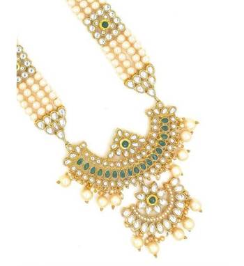 Designer Traditional Green Long Haram Gold Plated Pearls Necklace Set For Women 3