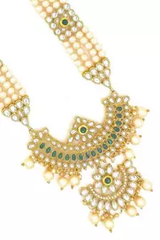 Designer Traditional Green Long Haram Gold Plated Pearls Necklace Set For Women
