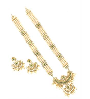 Designer Traditional Green Long Haram Gold Plated Pearls Necklace Set For Women 4