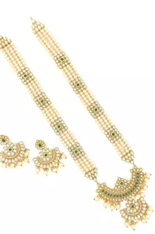 Designer Traditional Green Long Haram Gold Plated Pearls Necklace Set For Women