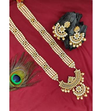 Designer Traditional Grey Long Haram Gold Plated Pearls Necklace Set For Women 1