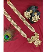 Designer Traditional Grey Long Haram Gold Plated Pearls Necklace Set For Women