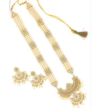 Designer Traditional Grey Long Haram Gold Plated Pearls Necklace Set For Women 4