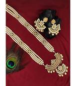 Designer Traditional Ph Long Haram Gold Plated Pearls Necklace Set For Women