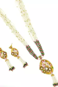 18k Gold Plated Traditional Ruby Multistrand Pearl Kundan Studded Necklace Jewellery