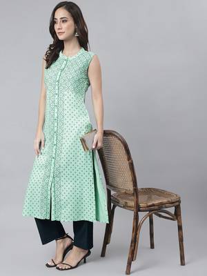 Sea-green printed rayon ethnic-kurtis 1