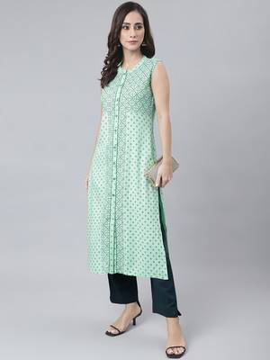 Sea-green printed rayon ethnic-kurtis 2