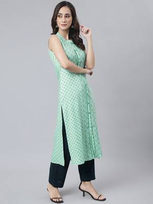 Sea-green printed rayon ethnic-kurtis 4