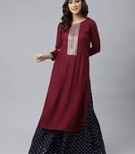 Wine plain rayon ethnic-kurtis