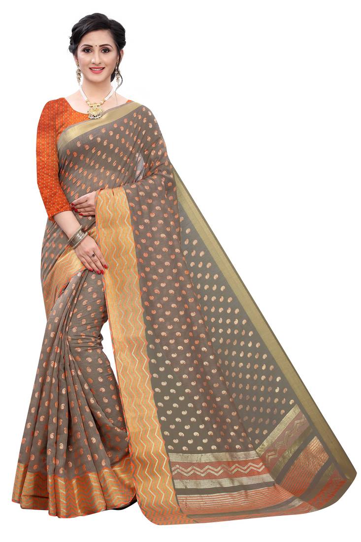 Glamrack Grey printed cotton saree with blouse