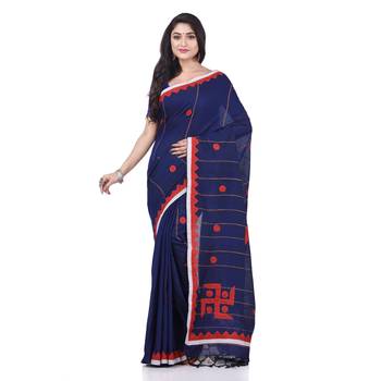 Dark blue woven cotton saree with blouse 1