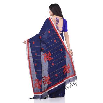 Dark blue woven cotton saree with blouse 2