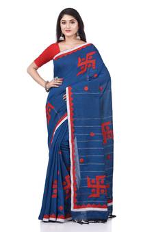 Blue woven cotton saree with blouse