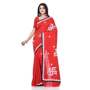 Red woven cotton saree with blouse 1
