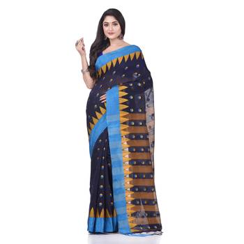 Dark blue woven cotton saree with blouse 1