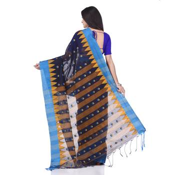 Dark blue woven cotton saree with blouse 2