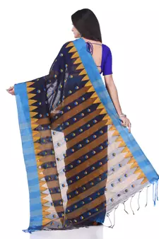 Dark blue woven cotton saree with blouse