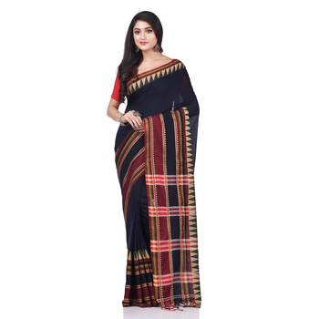 Dark blue woven cotton saree with blouse 1