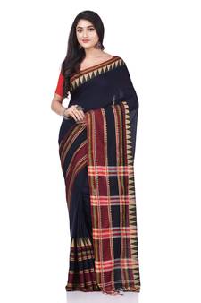 Dark blue woven cotton saree with blouse