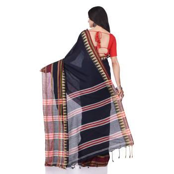 Dark blue woven cotton saree with blouse 2