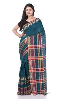 Blue woven cotton saree with blouse