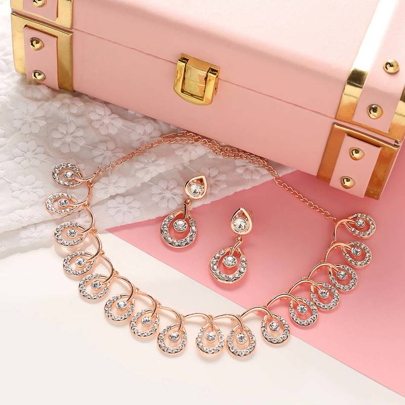 Mad Club American Diamond Rose Gold Plated Necklace With Earrings
