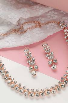 Mad Club  American Diamond Rose Gold Plated Necklace With Earrings For Women, Girls   Jewellery Set For Wedding,