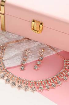 Mad Club  American Diamond Rose Gold Plated Necklace With Earrings For Women, Girls   Jewellery Set For Wedding,
