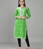 Green embroidered cotton chikankari-kurtis