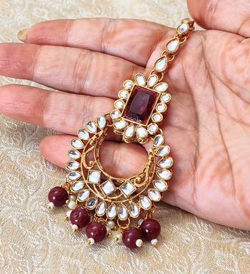 LALSO Maroon Kundan Gold plated Maangtikka Jewelry  1