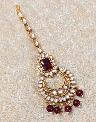 LALSO Maroon Kundan Gold plated Maangtikka Jewelry  2