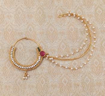 LALSO Multicolour Pearl Gold plated Big Bridal Nosering Nosepin Jewelry  1