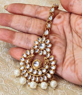 LALSO White Kundan Pearl Gold plated Maangtikka Jewelry  1