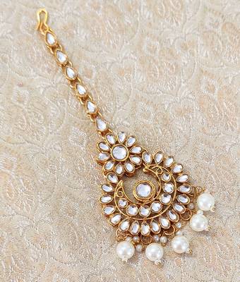 LALSO White Kundan Pearl Gold plated Maangtikka Jewelry  2